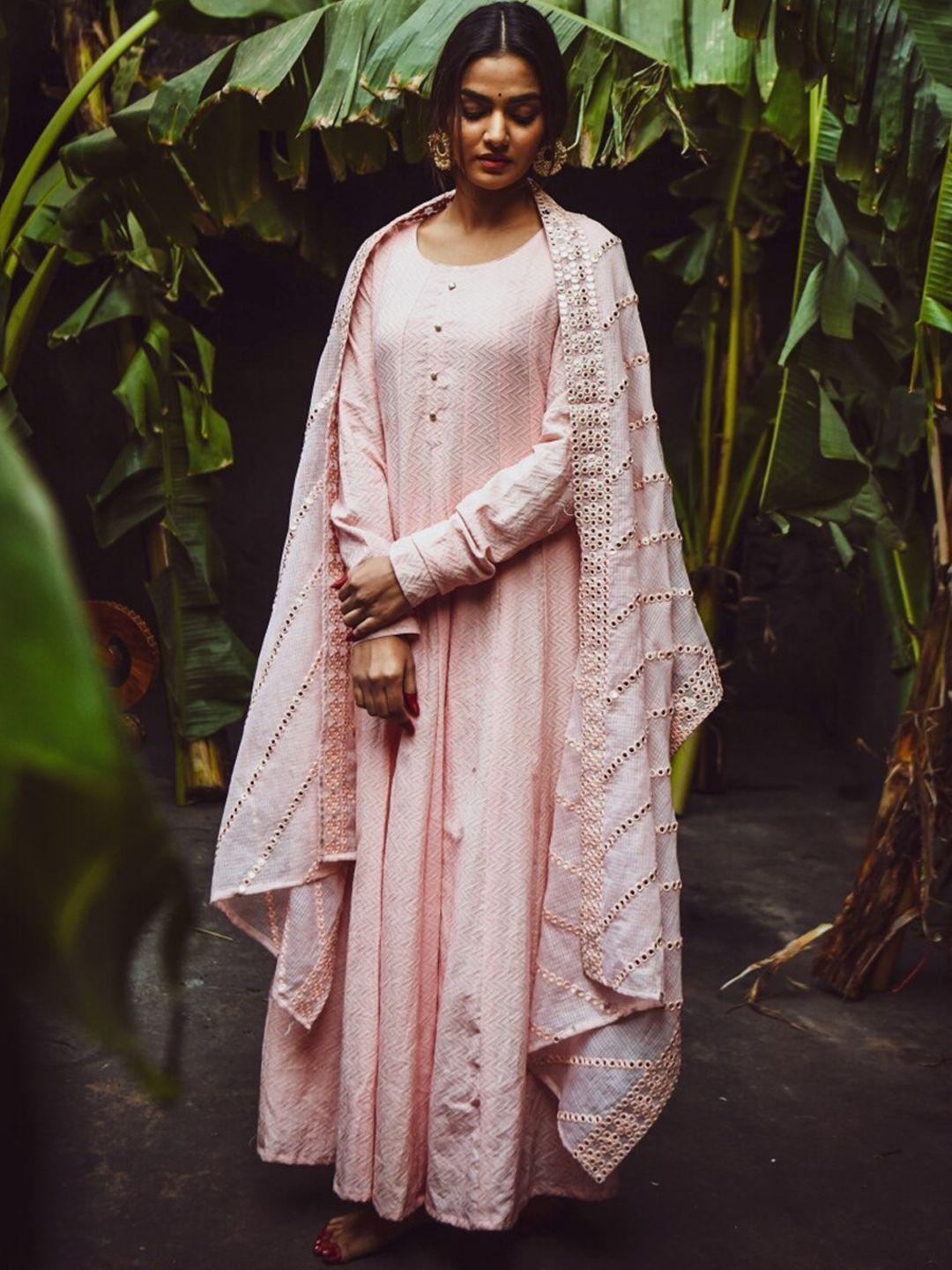 karaj-jaipur-women-pink-floral-layered-pure-cotton-kurti-with-trousers-&-with-dupatta