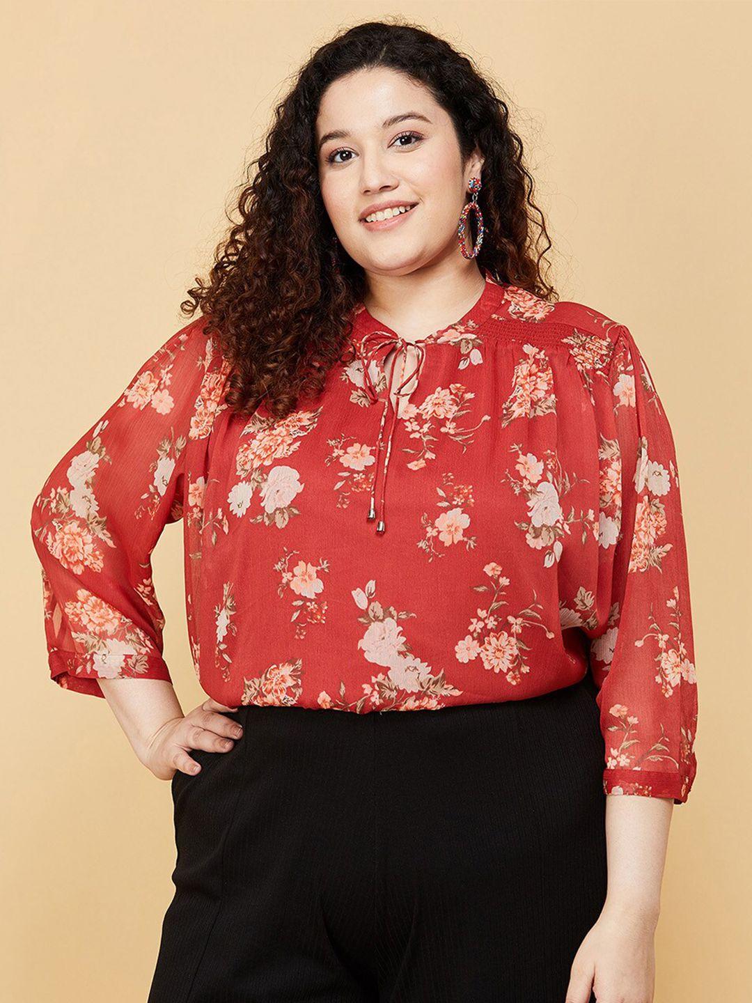 max-plus-size-women-rust-red-floral-printed-tie-up-neck-top