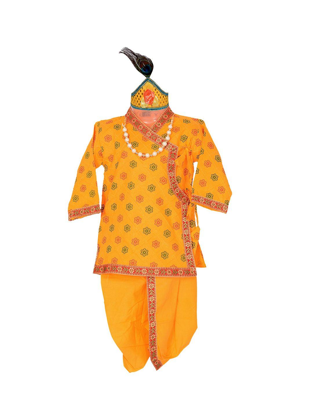 ahhaaaa-boys-yellow-floral-printed-angrakha-pure-cotton-kurta-with-dhoti-pants
