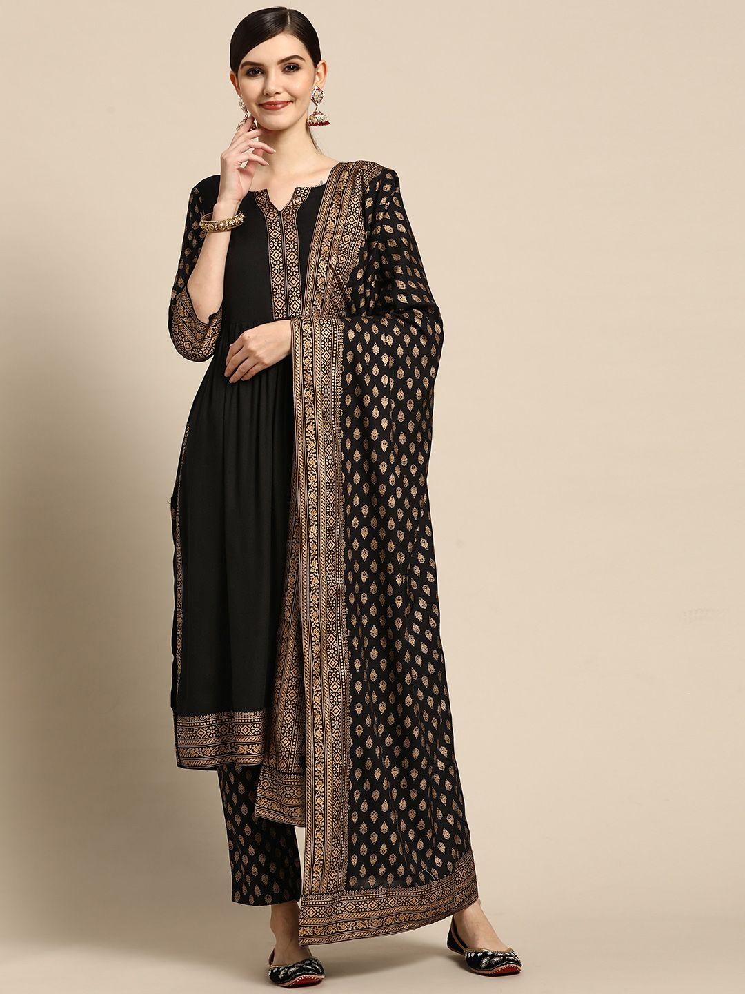 gerua-women-black-printed-pleated-kurta-with-trousers-&-with-dupatta