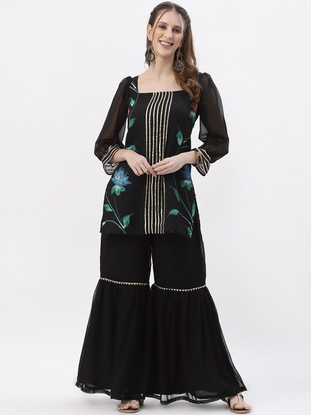 studio-rasa-women-black-embroidered-tiered-gotta-patti-silk-georgette-kurti-with-sharara-&-with-dupatta