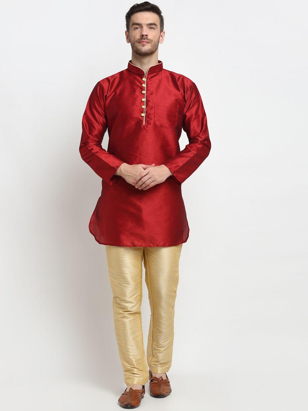 benstoke-men-maroon-yoke-design-layered-dupion-silk-kurta-with-pyjamas-set
