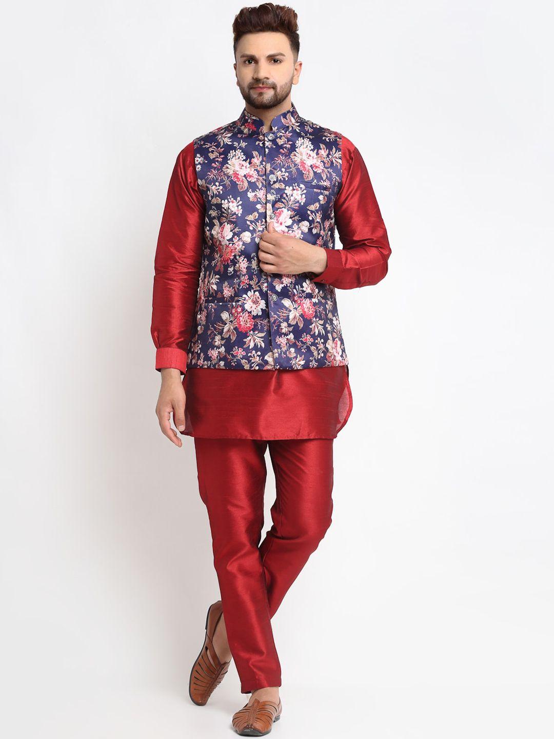 benstoke-men-maroon-floral-printed-layered-dupion-silk-kurta-with-pyjamas-nehru-jacket-set