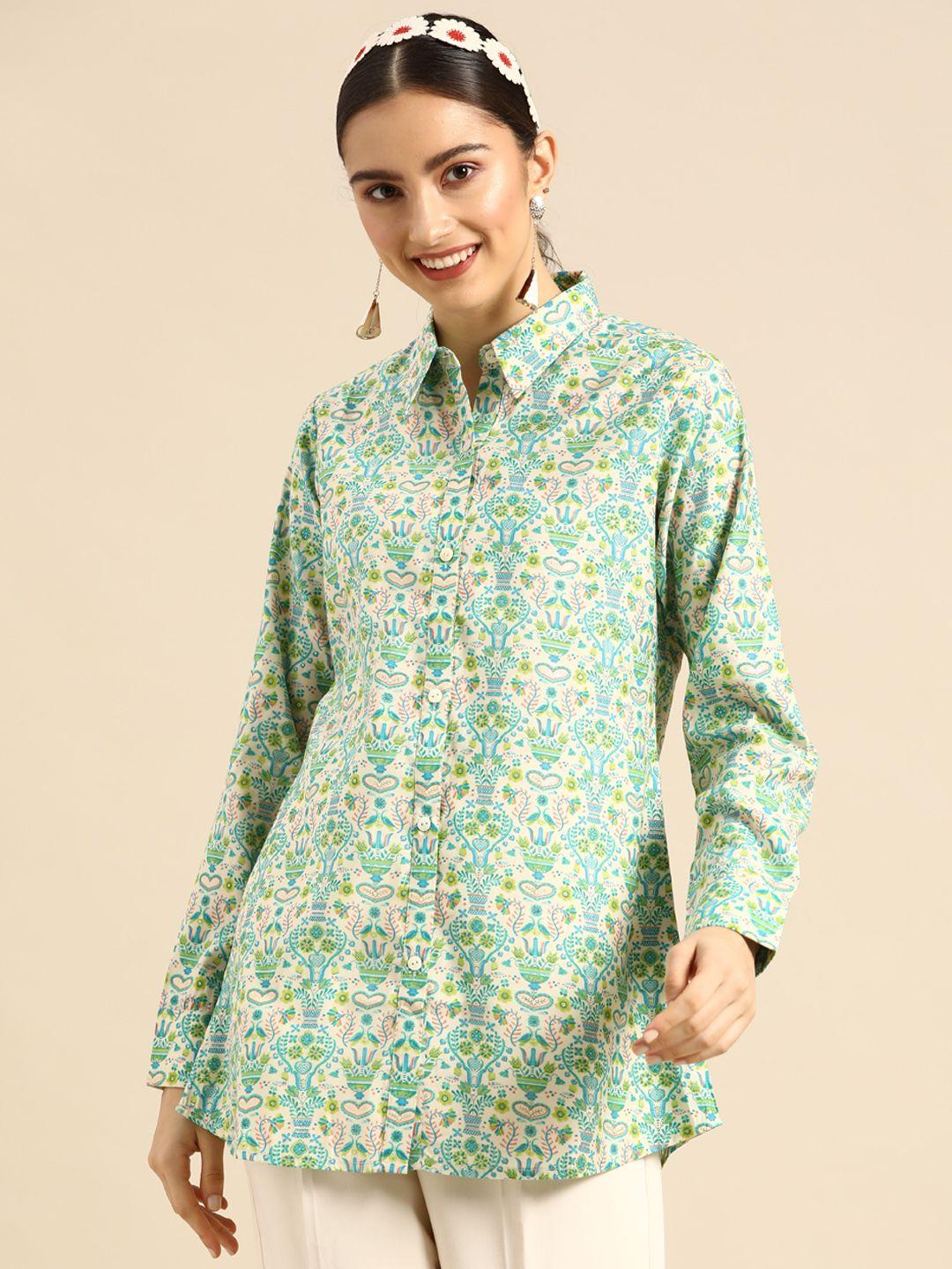 sangria-women-sea-green-&-beige-classic-printed-casual-shirt