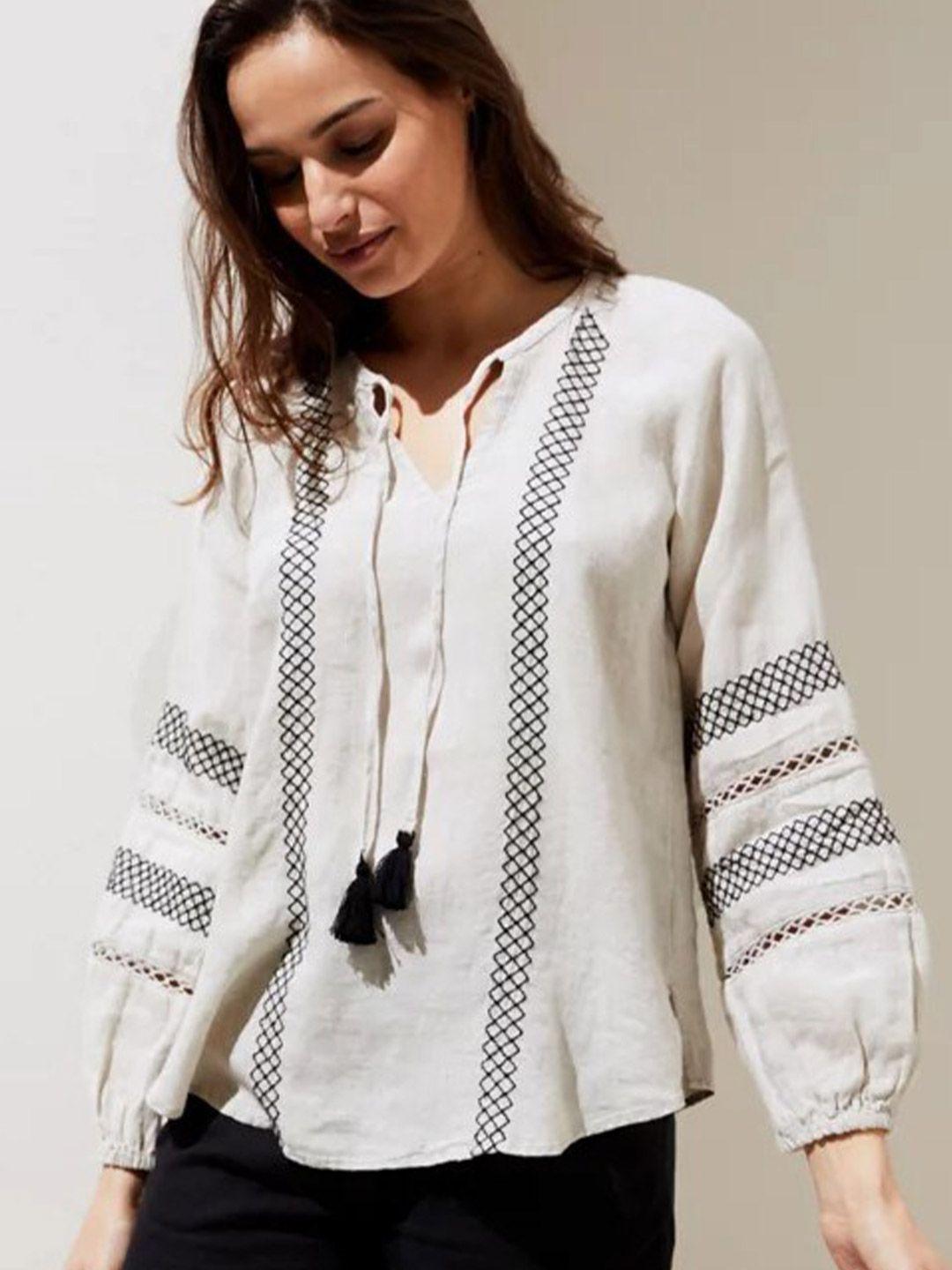 marks-&-spencer-off-white-geometric-embroidered-tie-up-neck-pure-linen-top