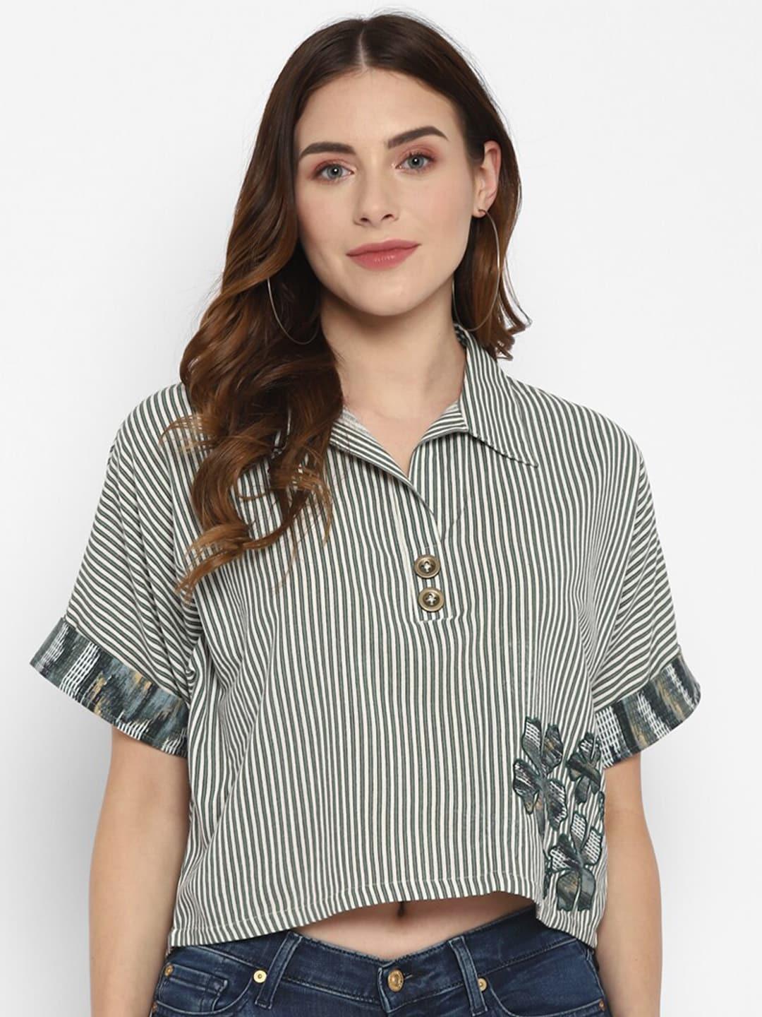 taurus-olive-green-&-white-floral-striped-pure-cotton-shirt-style-crop-top