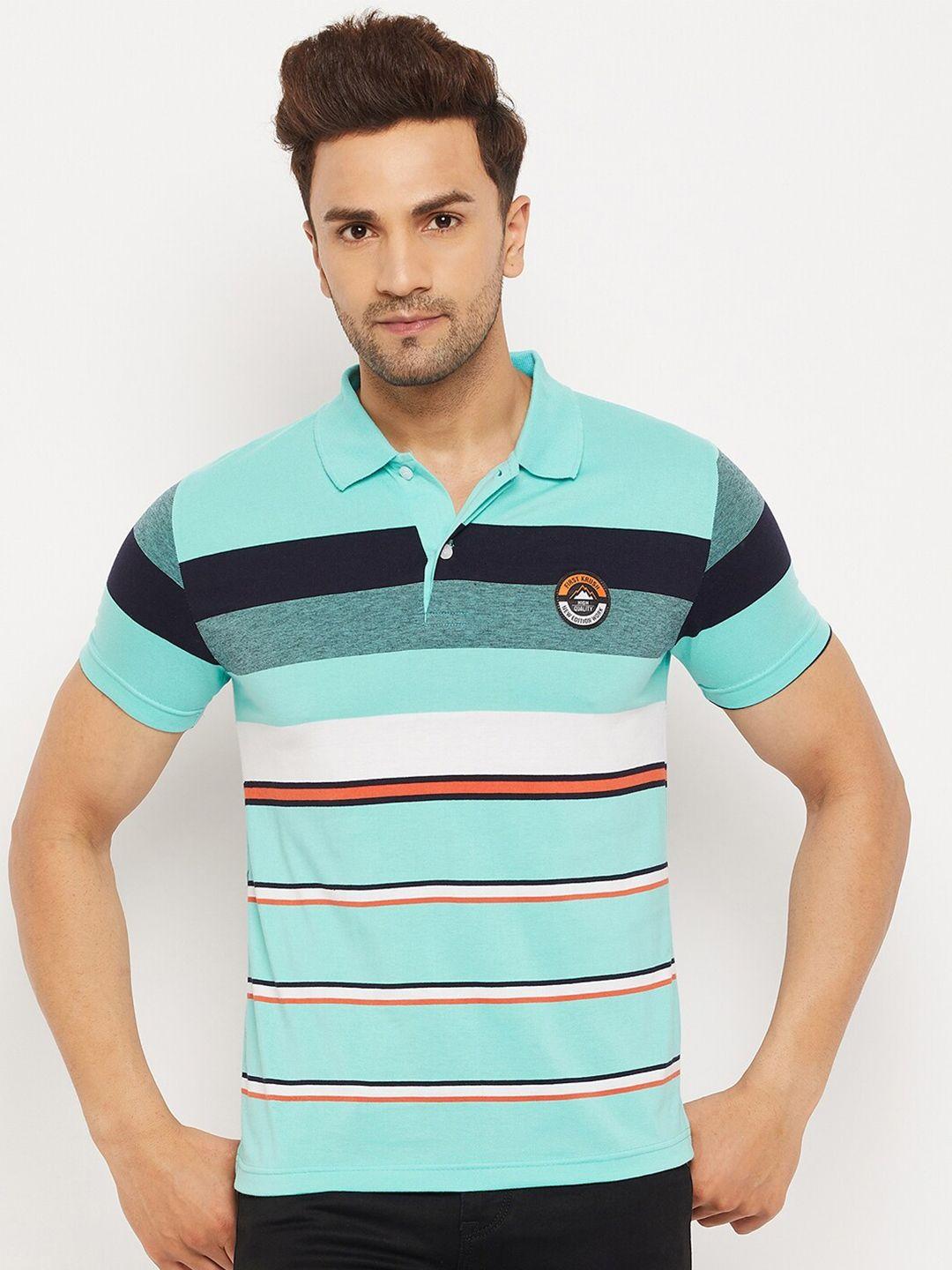 firstkrush-men-teal-&-white-striped-polo-collar-applique-t-shirt
