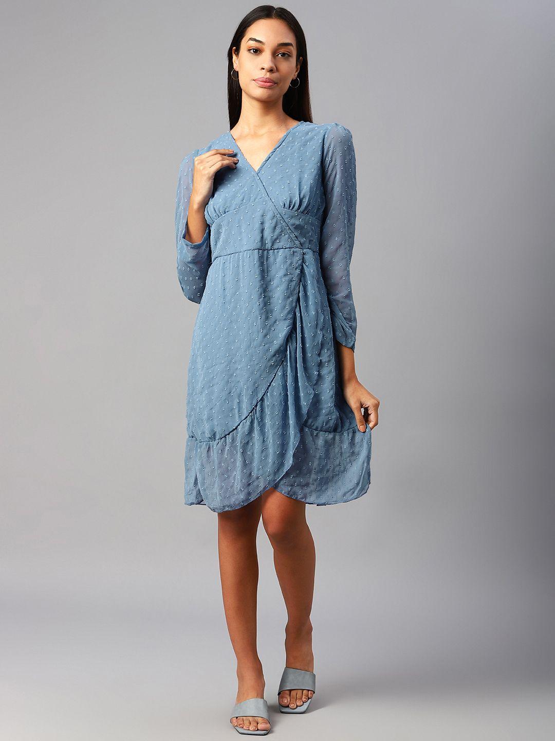 pluss-blue-self-design-wrap-dress