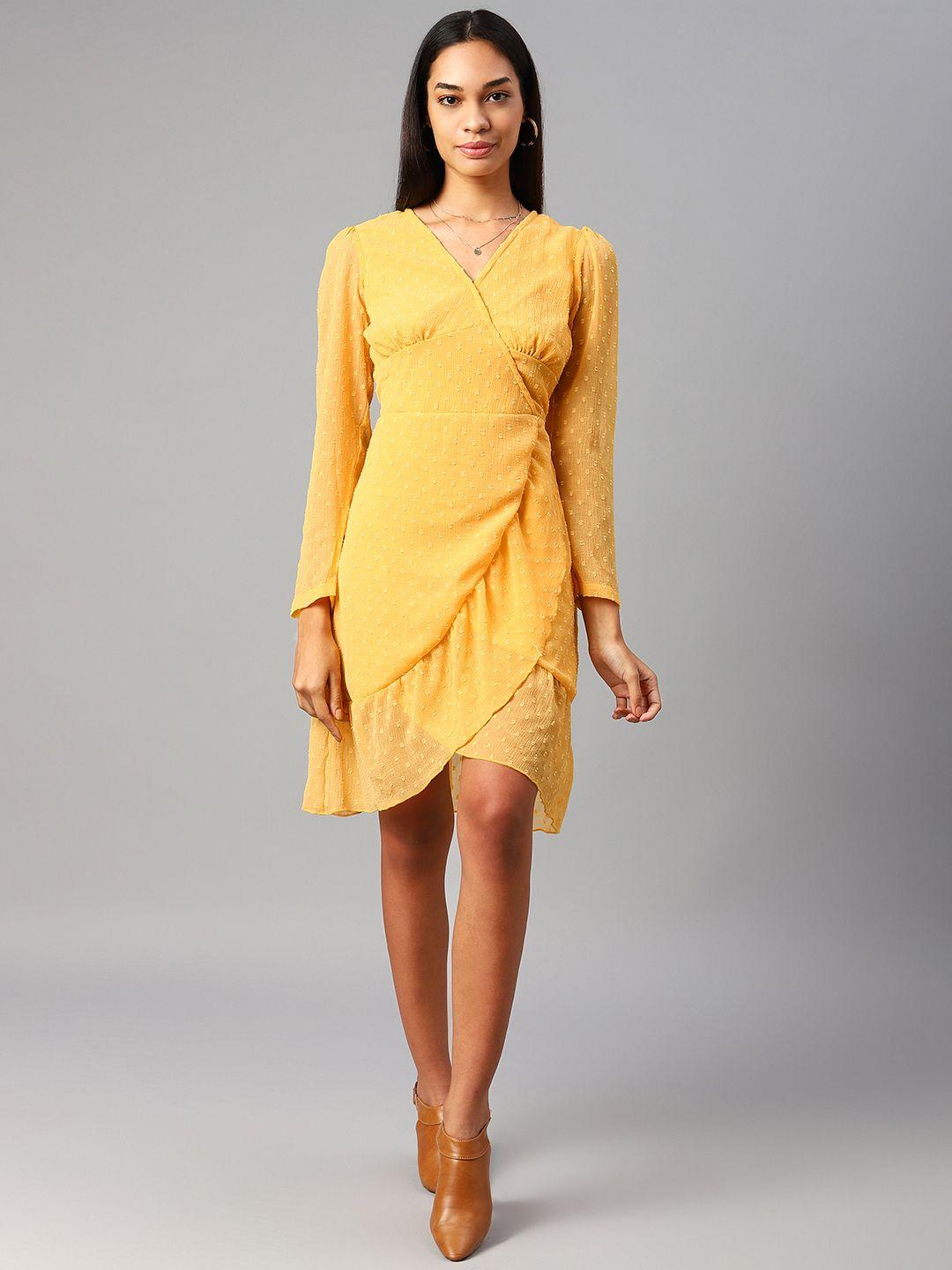 pluss-yellow-self-design-wrap-dress