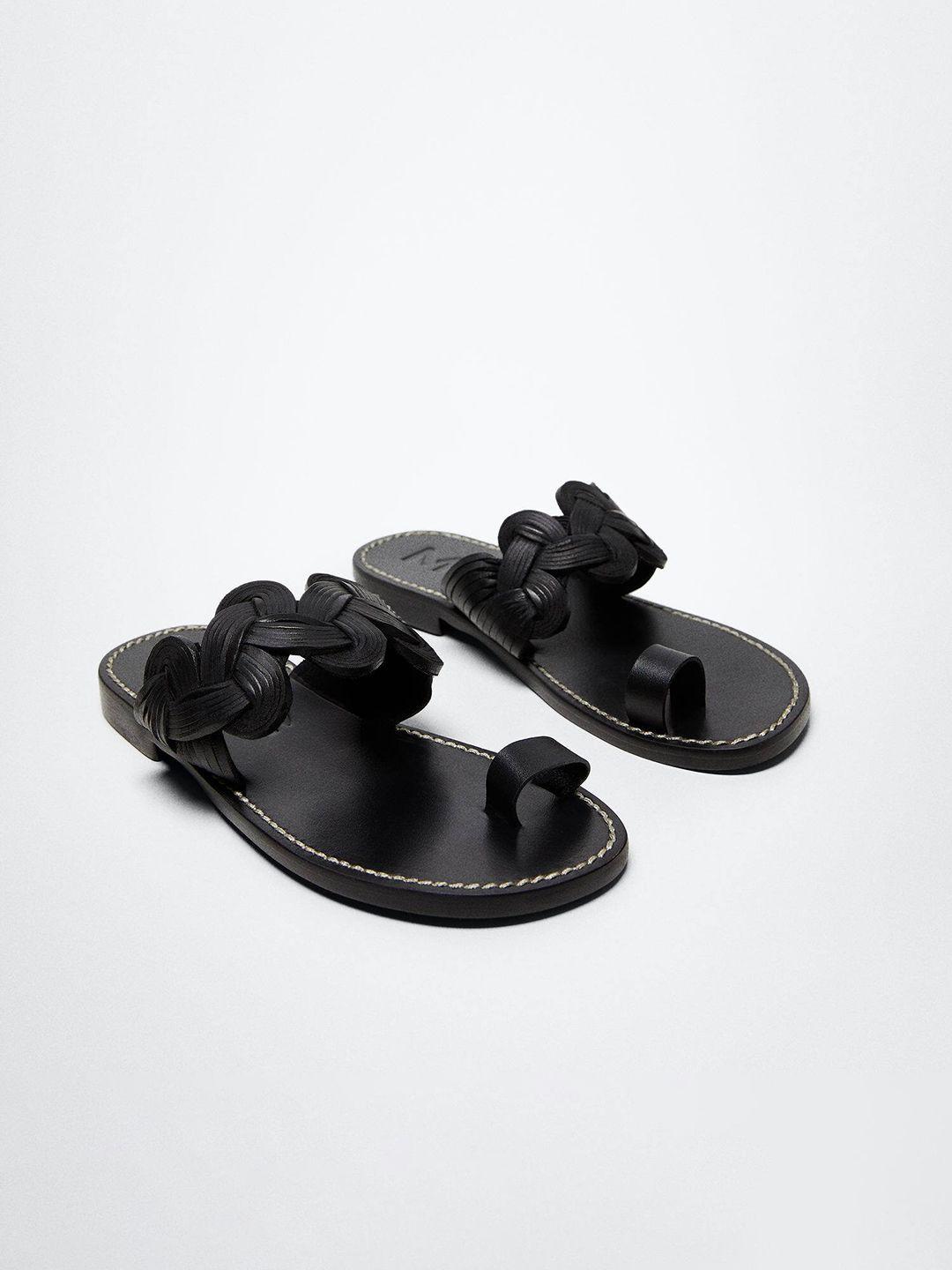 mango-women-black-entwined-leather-one-toe-flats