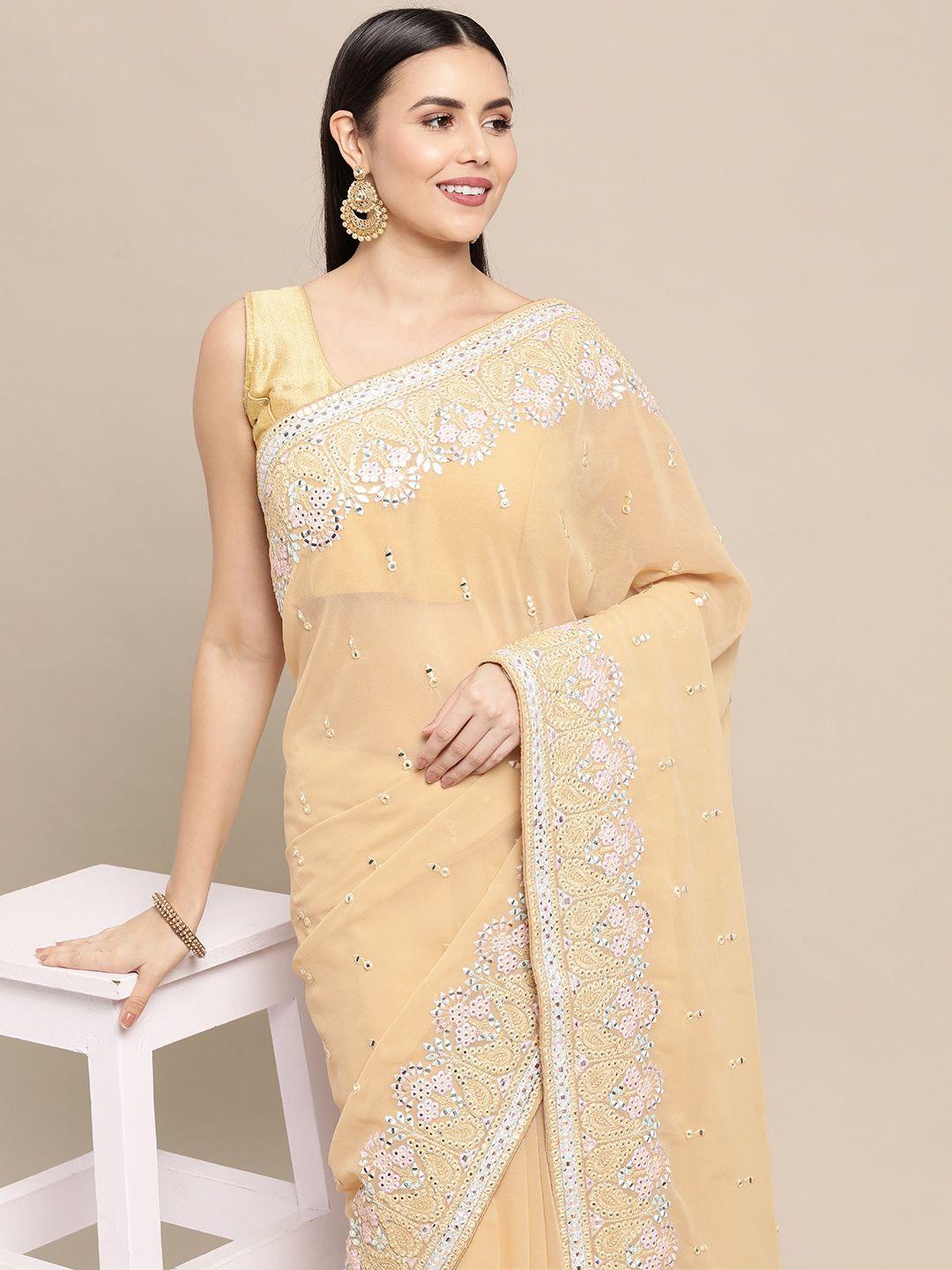 vastranand-cream-coloured-embroidered-mirror-work-pure-georgette-saree-with-blouse