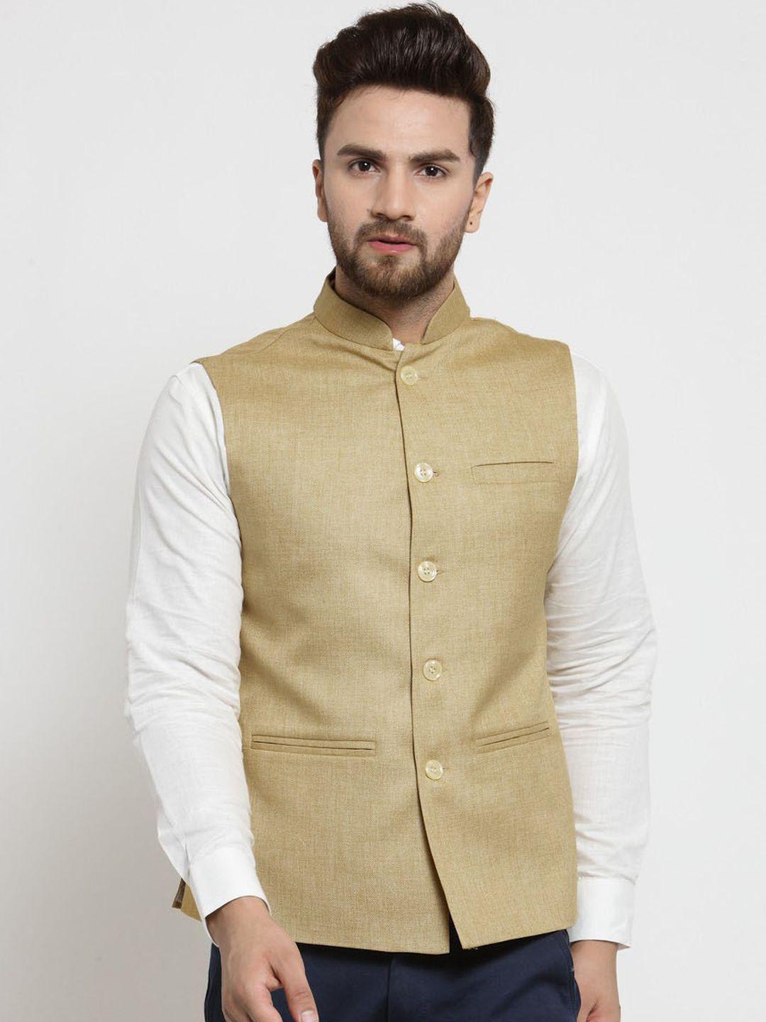 treemoda-men-beige-solid-jute-cotton-nehru-jacket