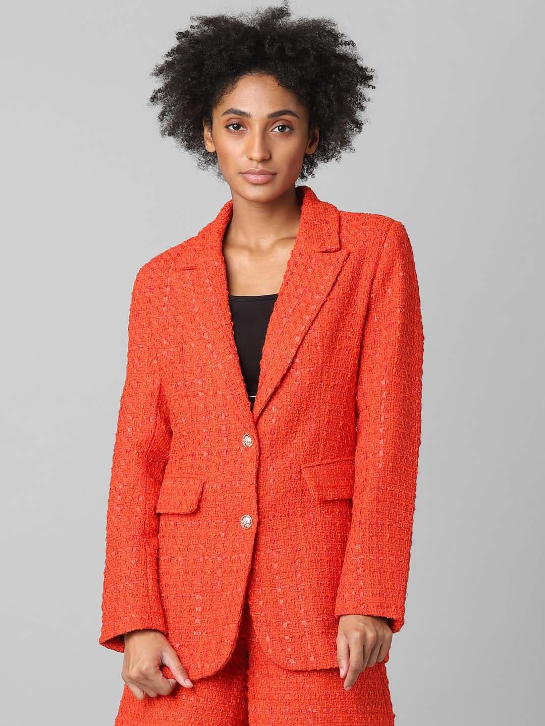 only-women-red-self-design-tweed-single-breasted-blazer
