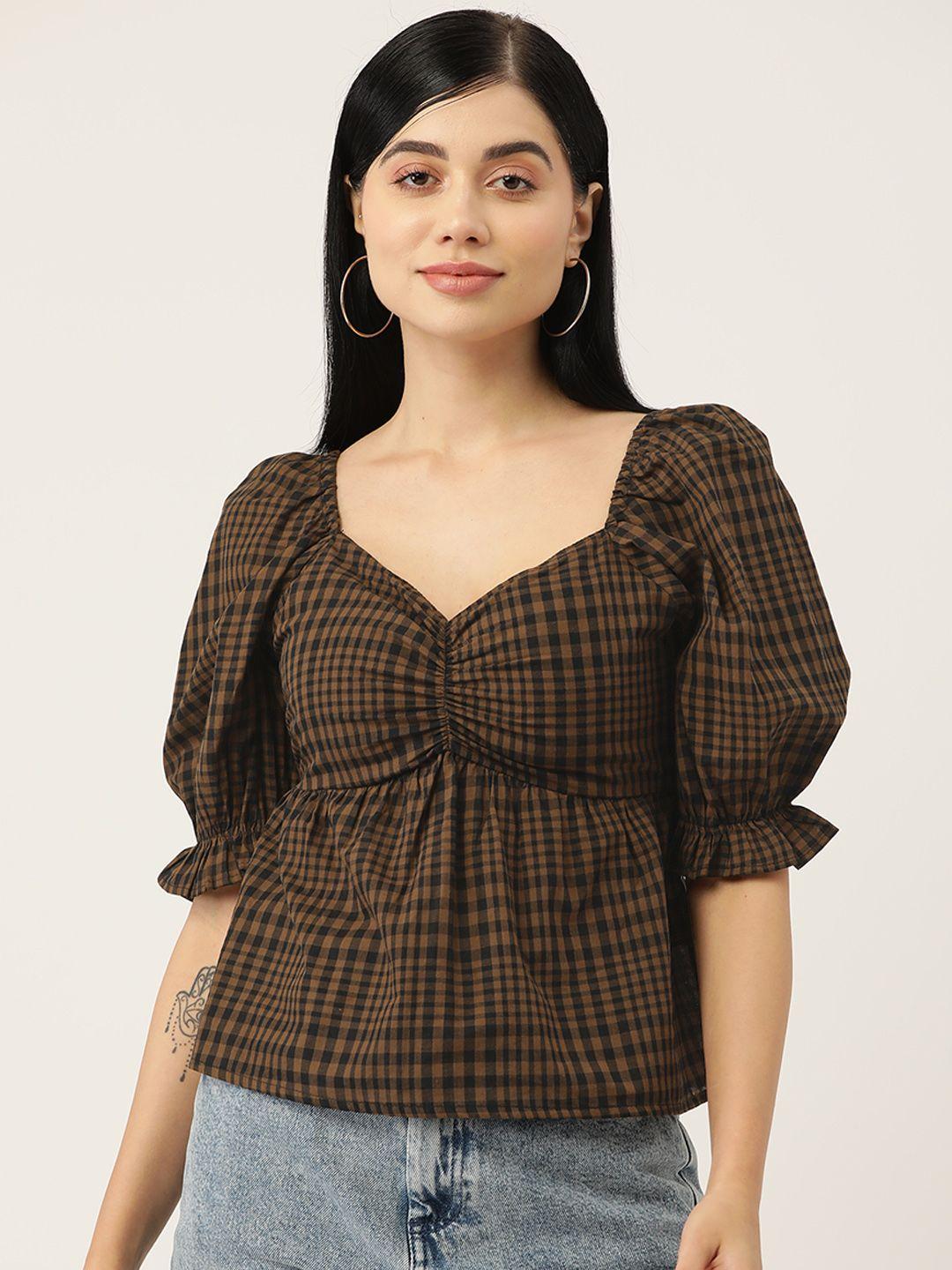 rue-collection-brown-&-black-checked-sweetheart-neck-cinched-waist-top