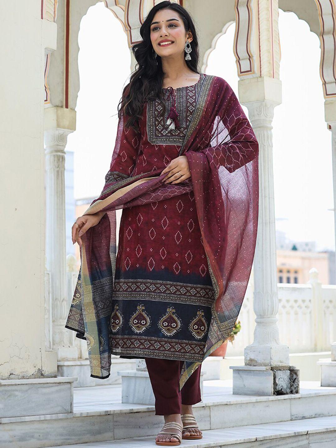kaajh-women-maroon-bandhani-printed-chanderi-silk-kurta-with-trousers-&-with-dupatta