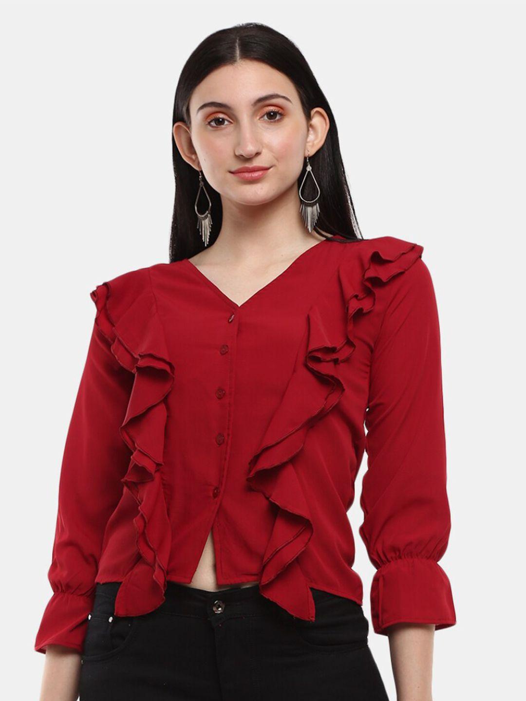 v-mart-women-western-solid-georgette-maroon-ruffles-shirt-style-top