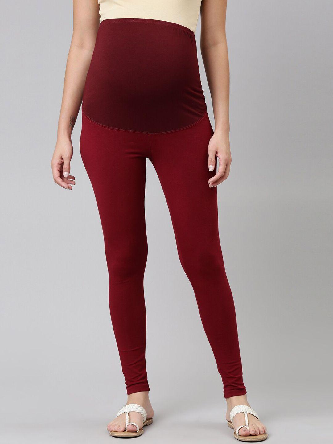 go-colors-women-maroon-red-solid-cotton-ankle-length-maternity-leggings