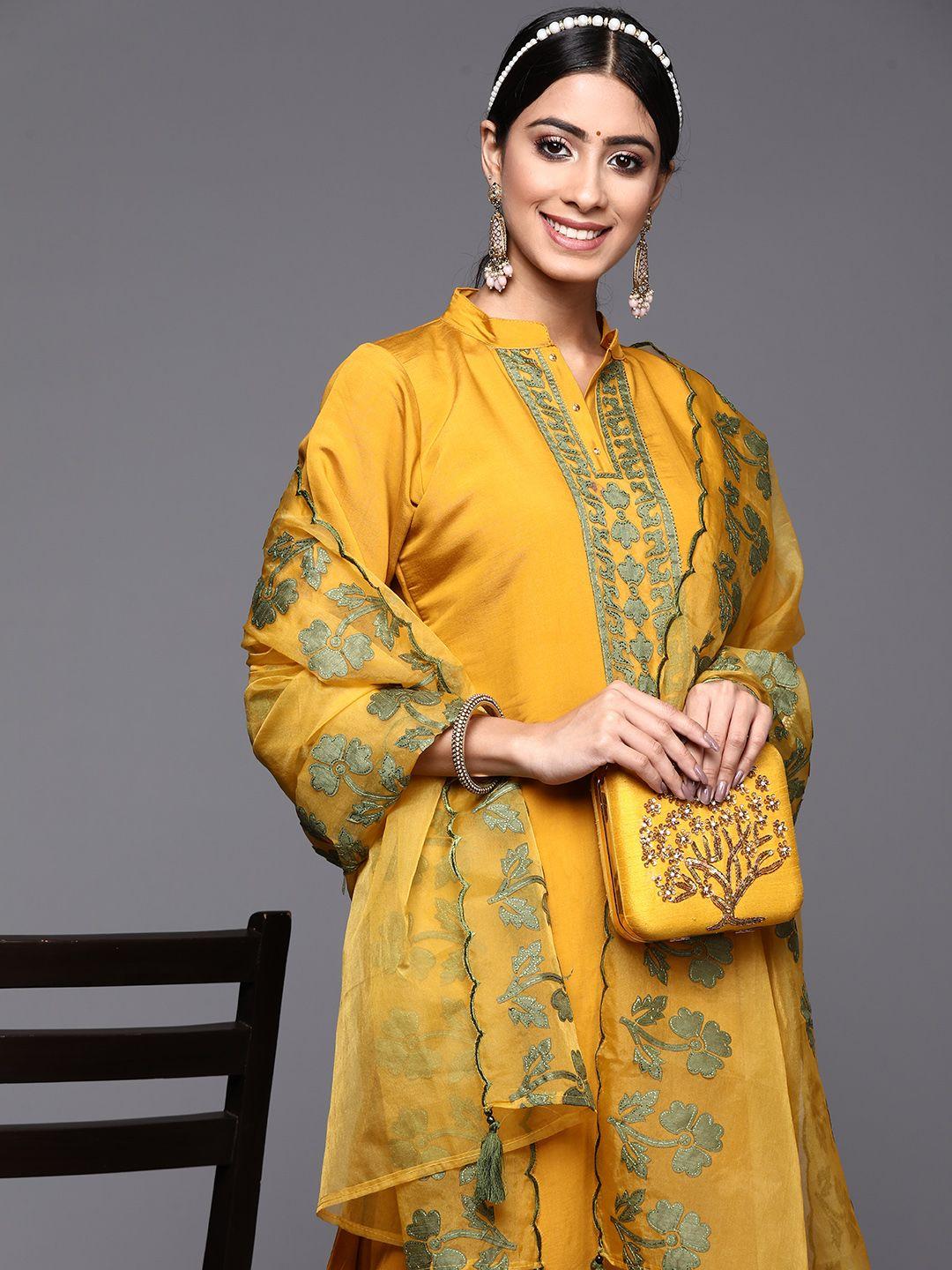 indo-era-women-mustard-yellow-embroidered-thread-work-kurta-with-trousers-&-with-dupatta
