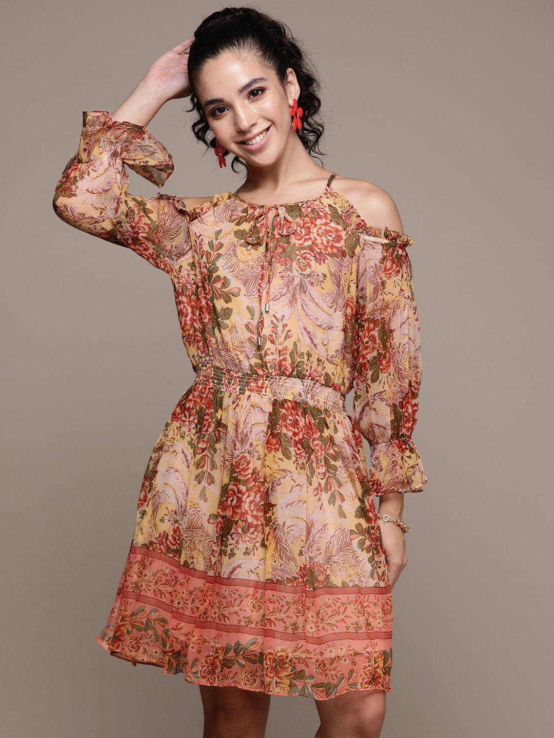 label-ritu-kumar-peach-coloured-&-beige-ethnic-motifs-printed-chiffon-a-line-dress
