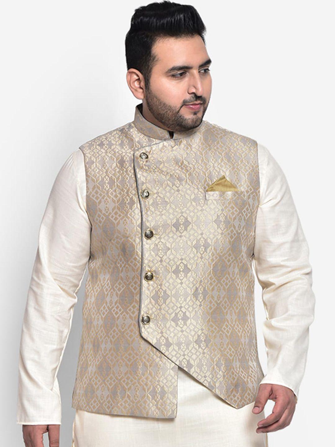 kisah-plus-men-grey-&-gold-printed-woven-nehru-jackets