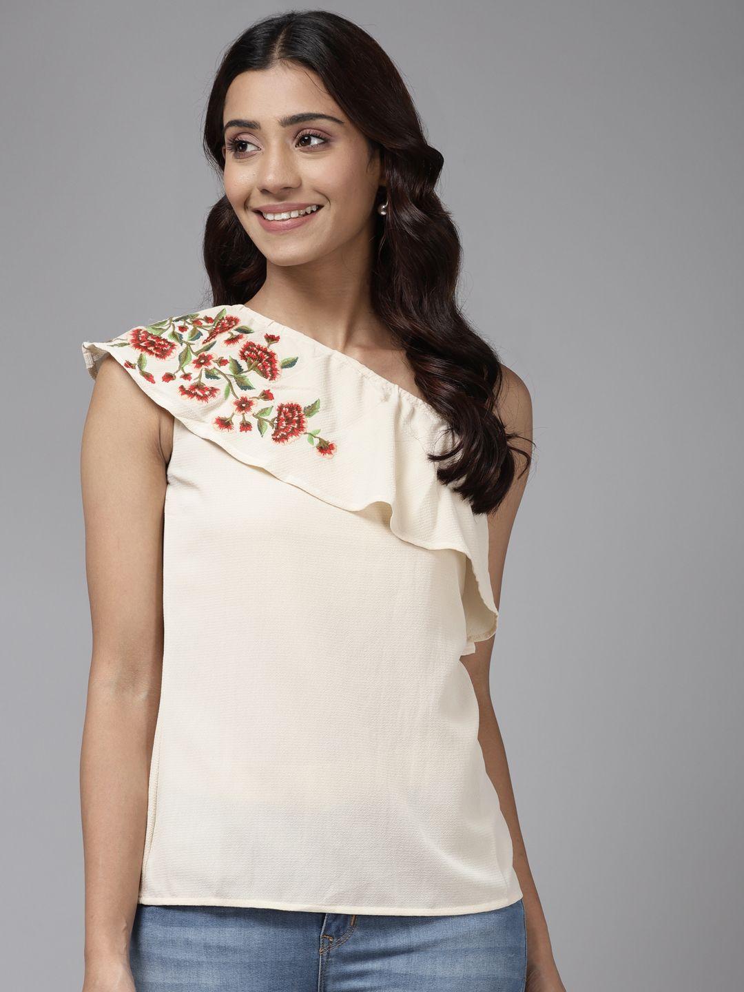 aarika-beige-floral-print-one-shoulder-ruffles-georgette-top