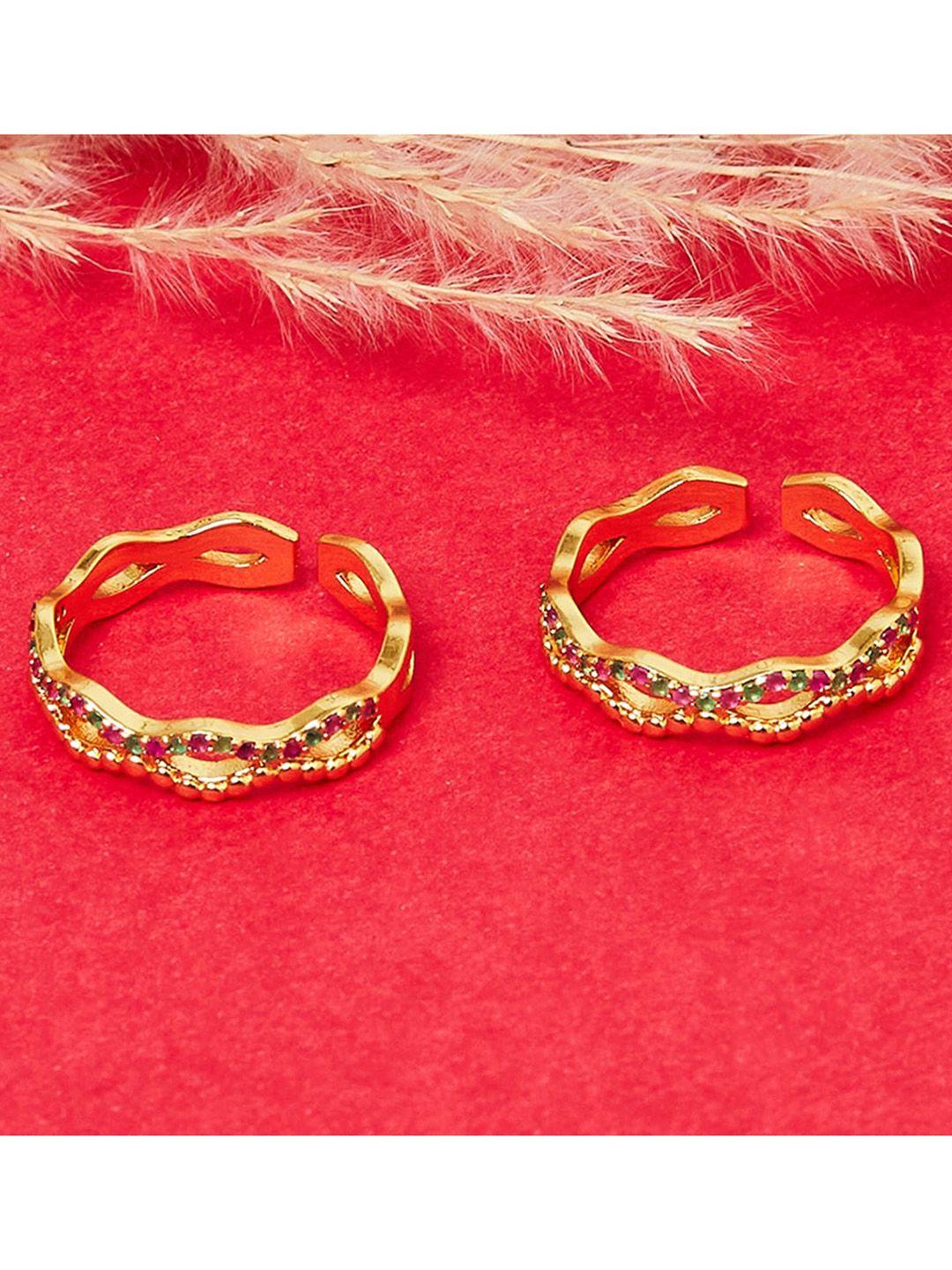 voylla-set-of-2-gold-plated-pink-&-green-cz-studded-adjustable-toe-rings