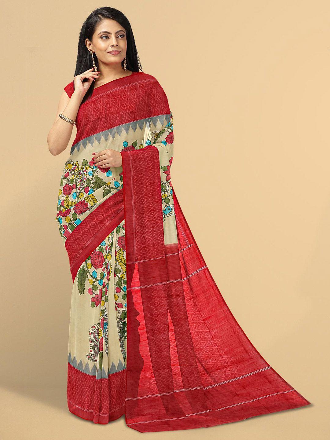 kalamandir-cream-coloured-&-red-kalamkari-linen-blend-saree