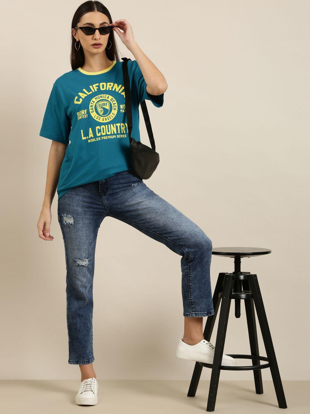 dillinger-women-teal-blue-printed-pure-cotton-oversized-t-shirt