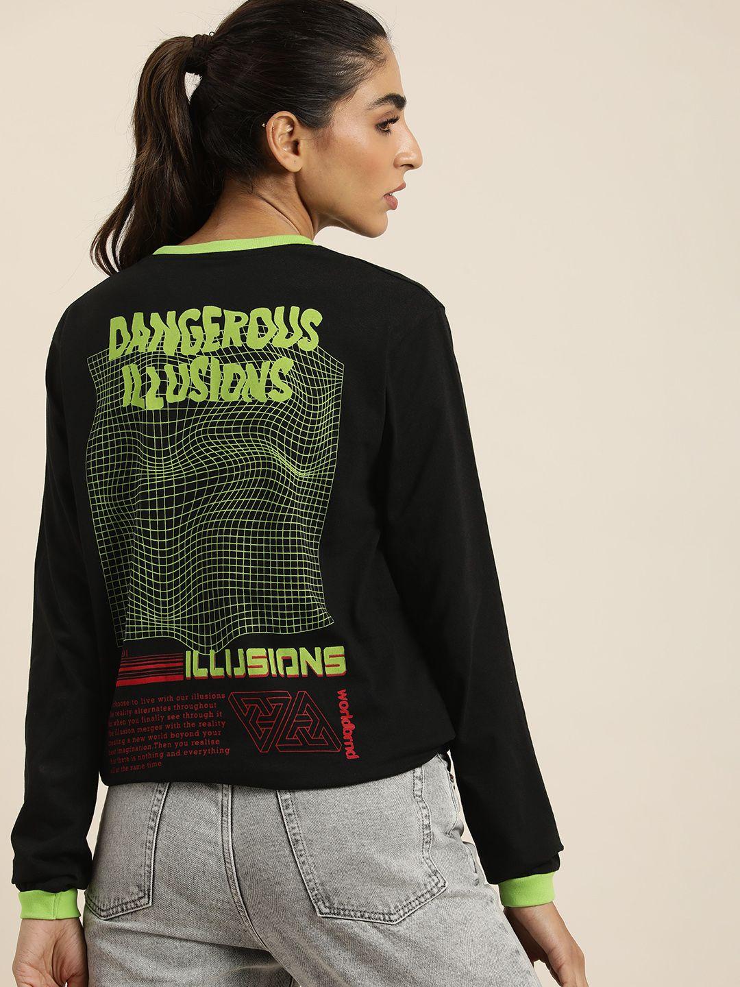 dillinger-women-black-&-lime-green-printed-pure-cotton-loose-t-shirt