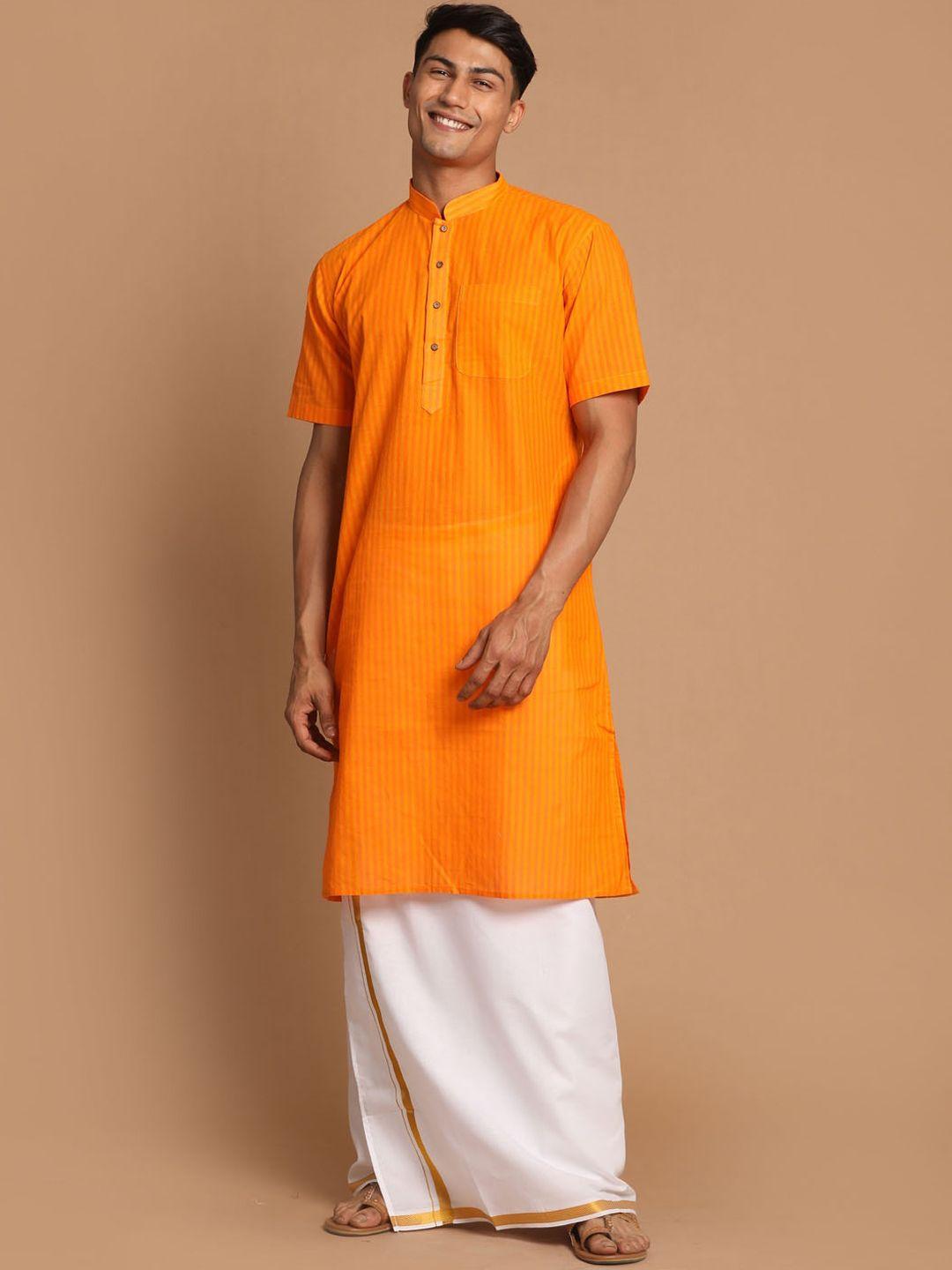 vastramay-men-orange-striped-pure-cotton-kurta