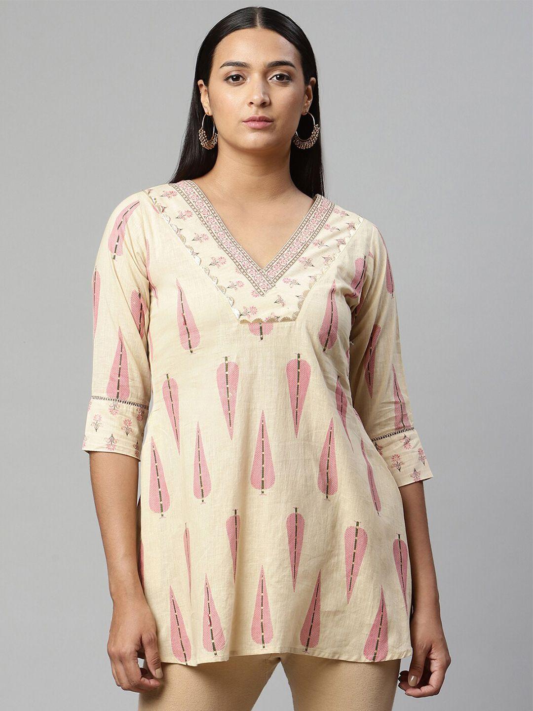 ahalyaa-women-beige-&-pink-printed-v-neck-tunic