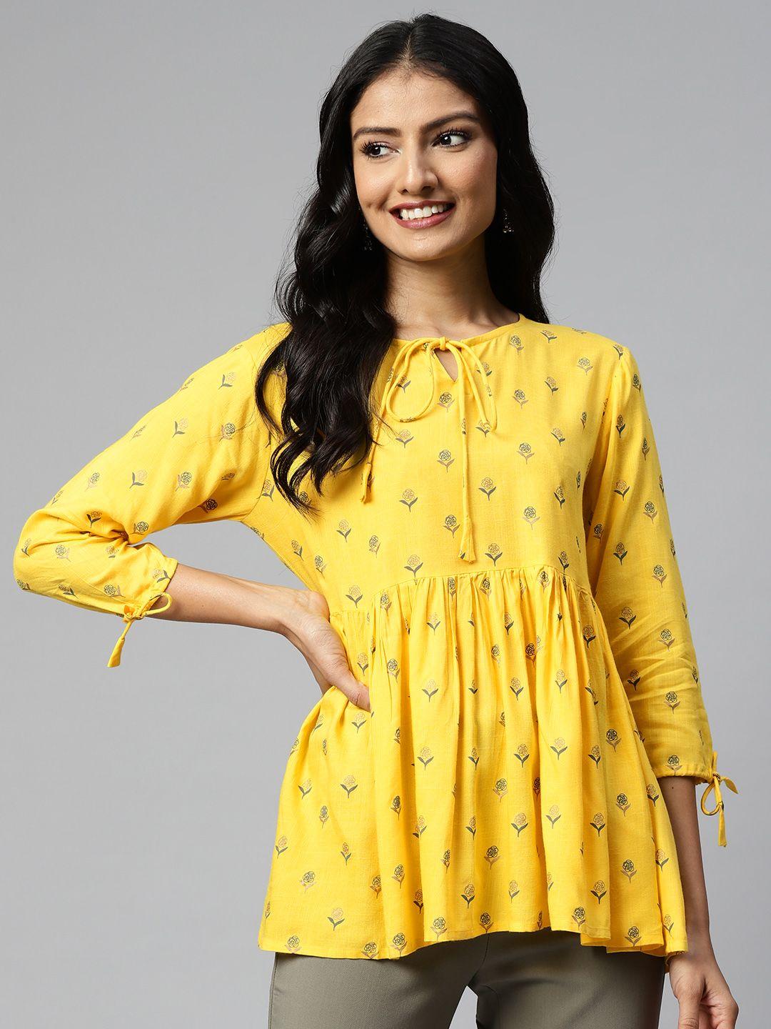 highlight-fashion-export-yellow-floral-print-tie-up-neck-empire-top