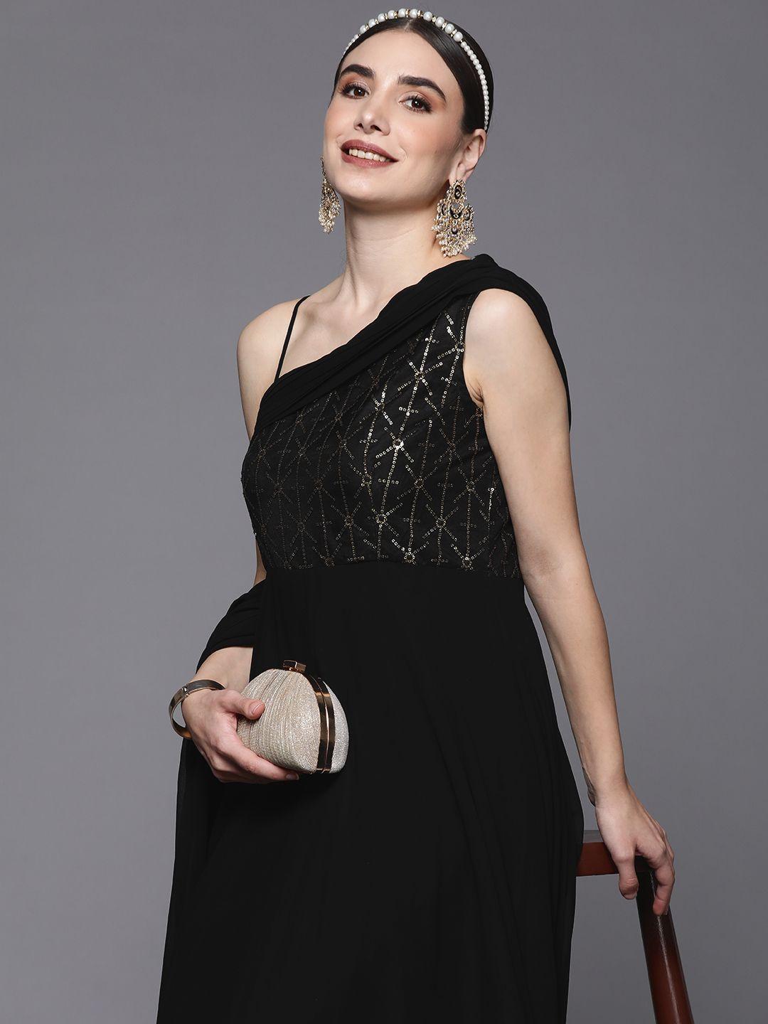 inddus-black-embellished-one-shoulder-georgette-ethnic-dress-with-draped-dupatta