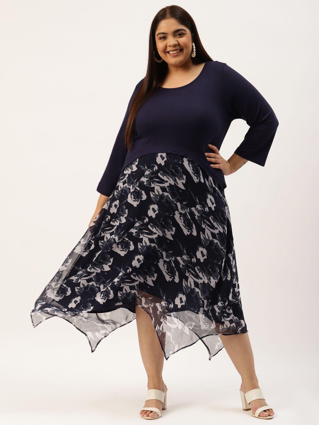 therebelinme-plus-size-navy-blue-&-white-floral-printed-georgette-a-line-midi-dress