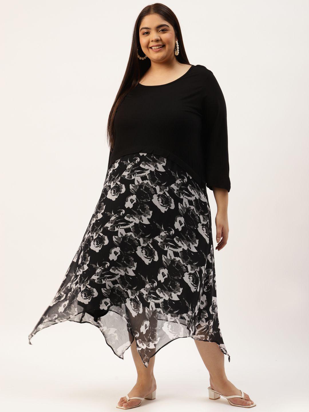 therebelinme-plus-size-black-&-white-floral-printed-georgette-a-line-midi-dress