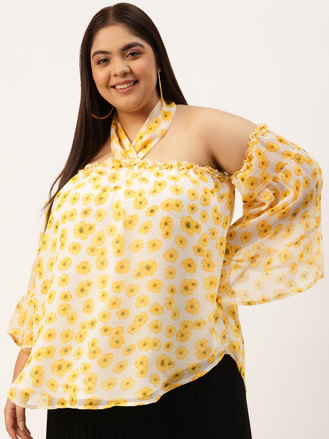 therebelinme-plus-size-off-white-&-yellow-floral-print-ruffles-georgette-top