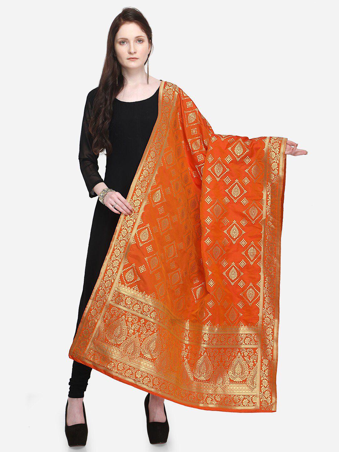 mf-orange-&-gold-toned-woven-design-art-silk-dupatta-with-zari