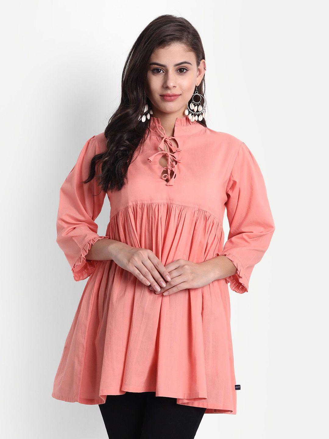 githaan-women-coral-solid-tie-up-neck-cotton-top