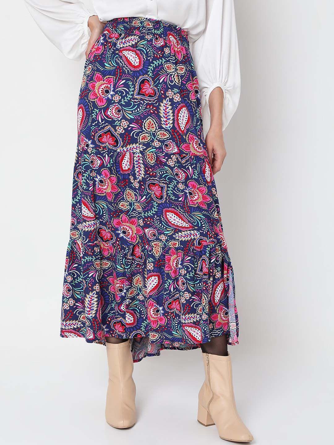 vero-moda-blue-&-pink-floral-printed-a-line-midi-flared-skirts