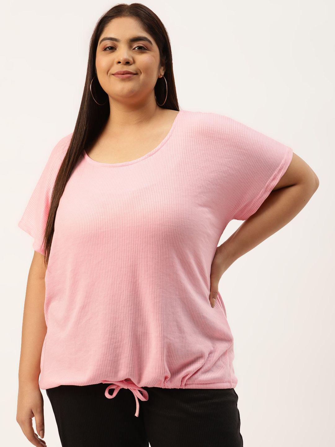 therebelinme-plus-size-pink-self-striped-extended-sleeves-blouson-top-with-waist-tie-ups