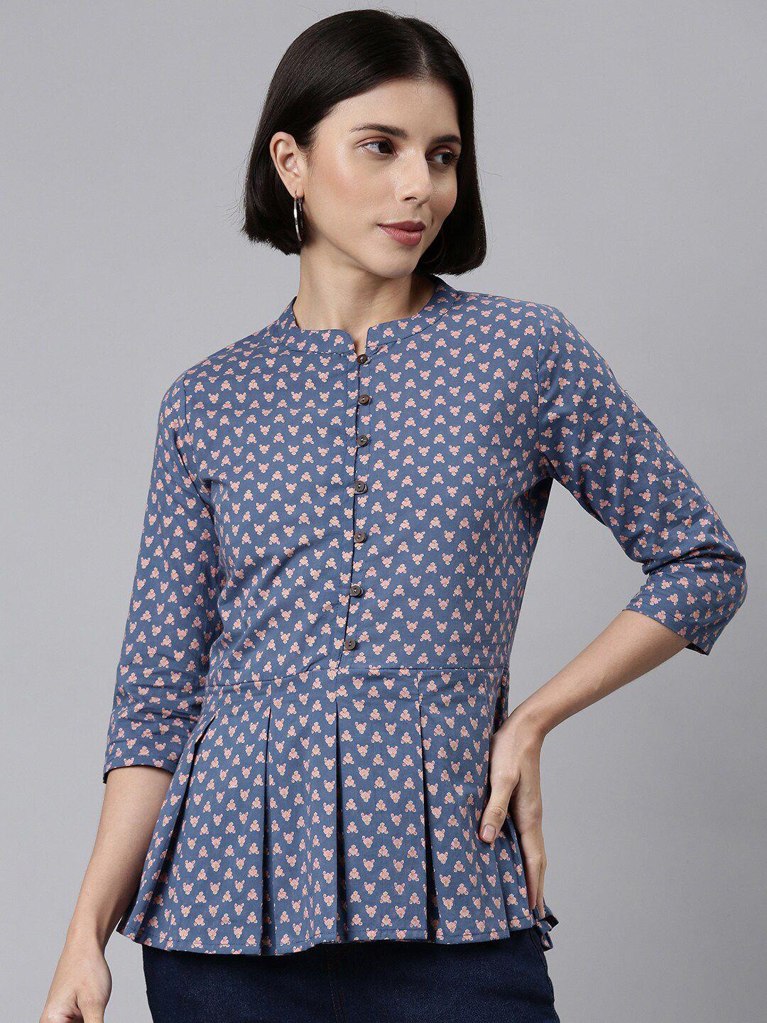 malhaar-women-blue-quirky-printed-pure-cotton-pleated-kurti