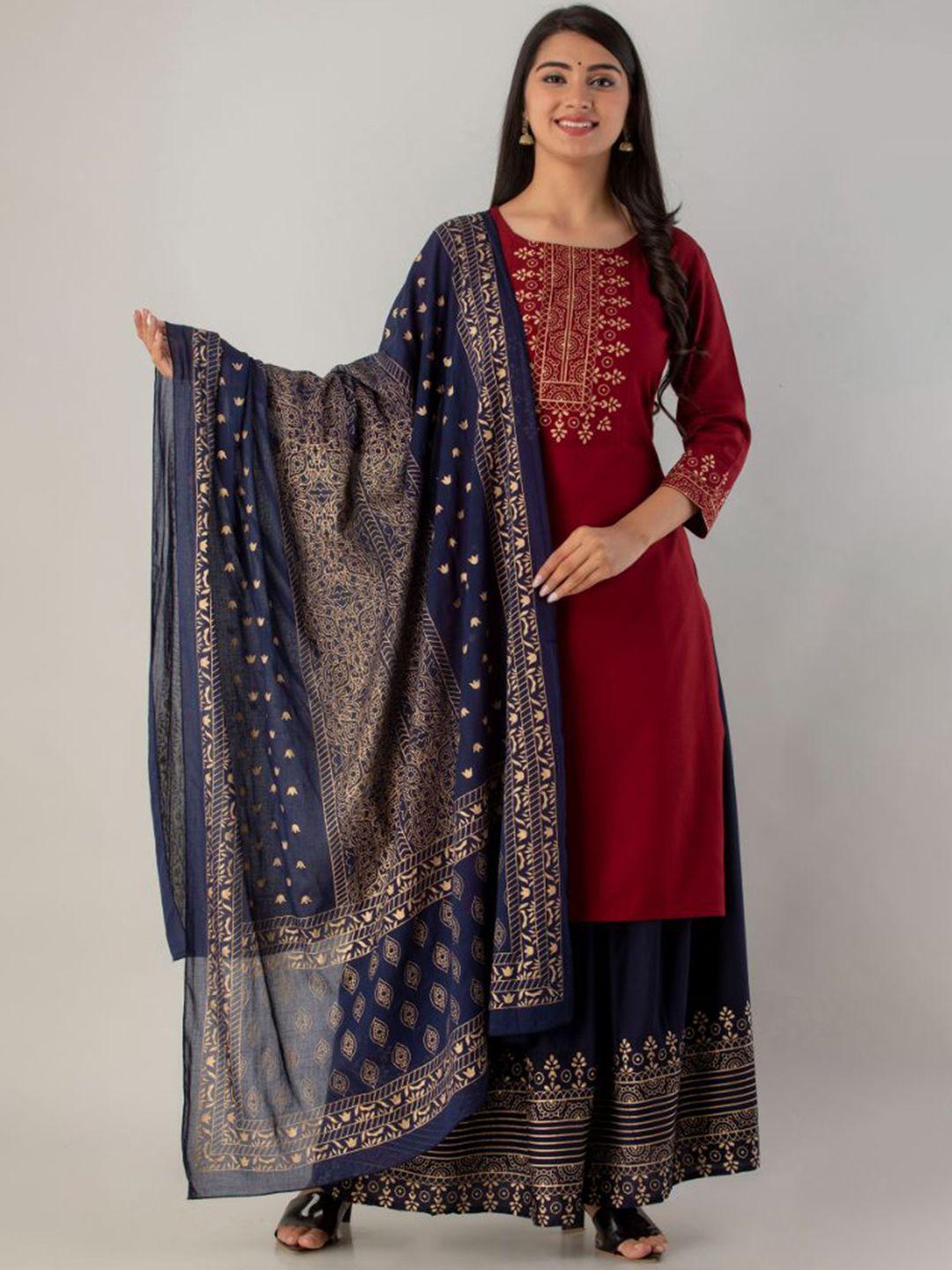 fabista-women-maroon-ethnic-motifs-yoke-design-kurta-with-skirt-&-with-dupatta