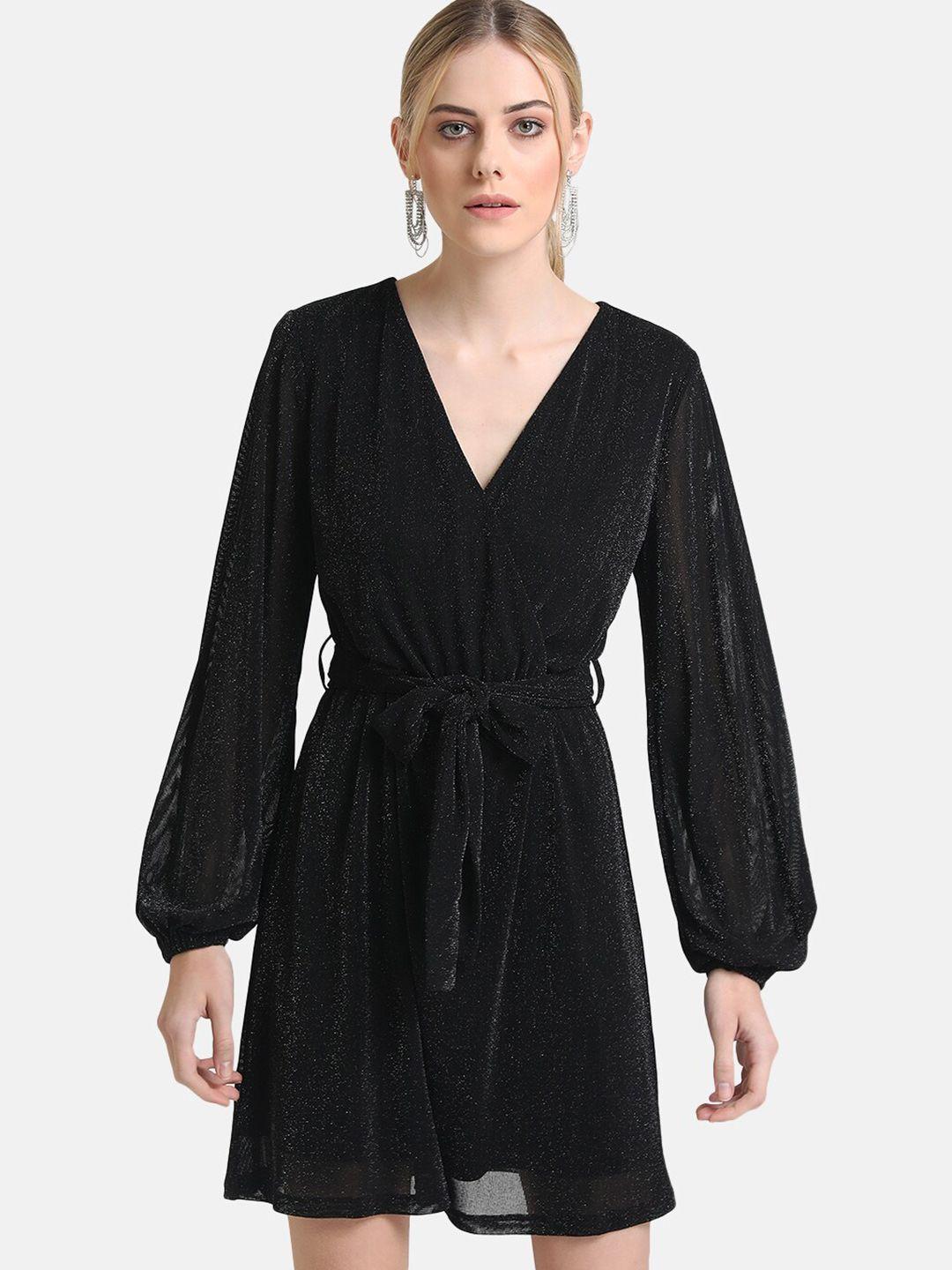 kazo-black-embellished-sheen-lurex-mesh-wrap-dress