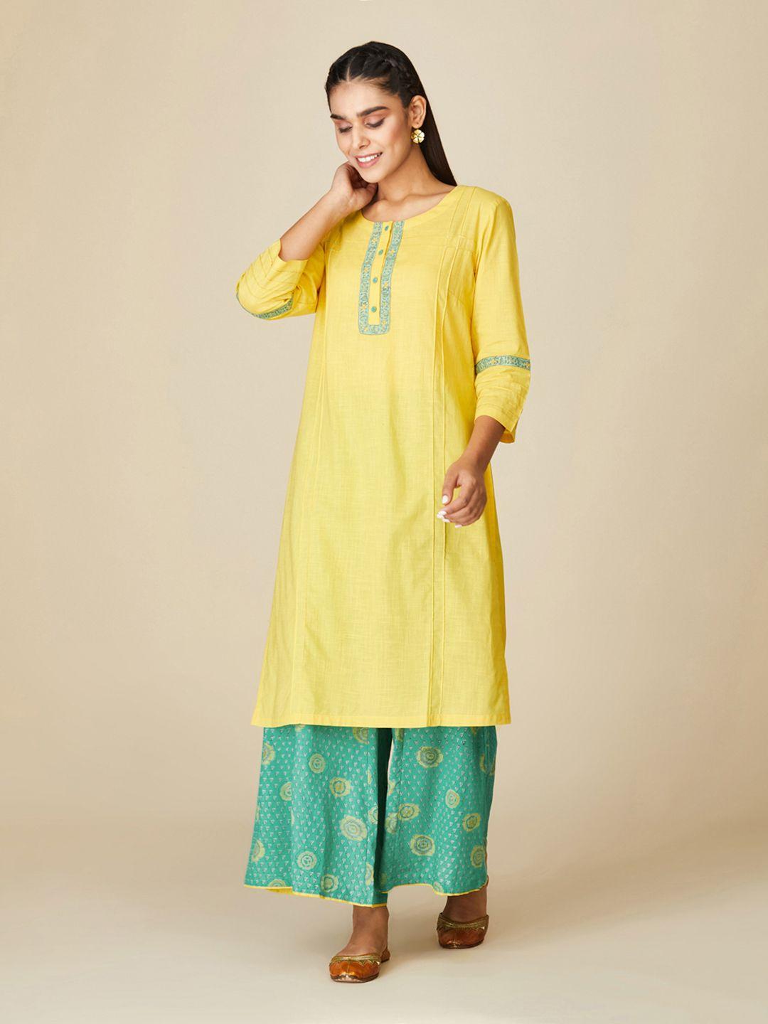 fabindia-women-yellow-pure-cotton-kurta-with-palazzos