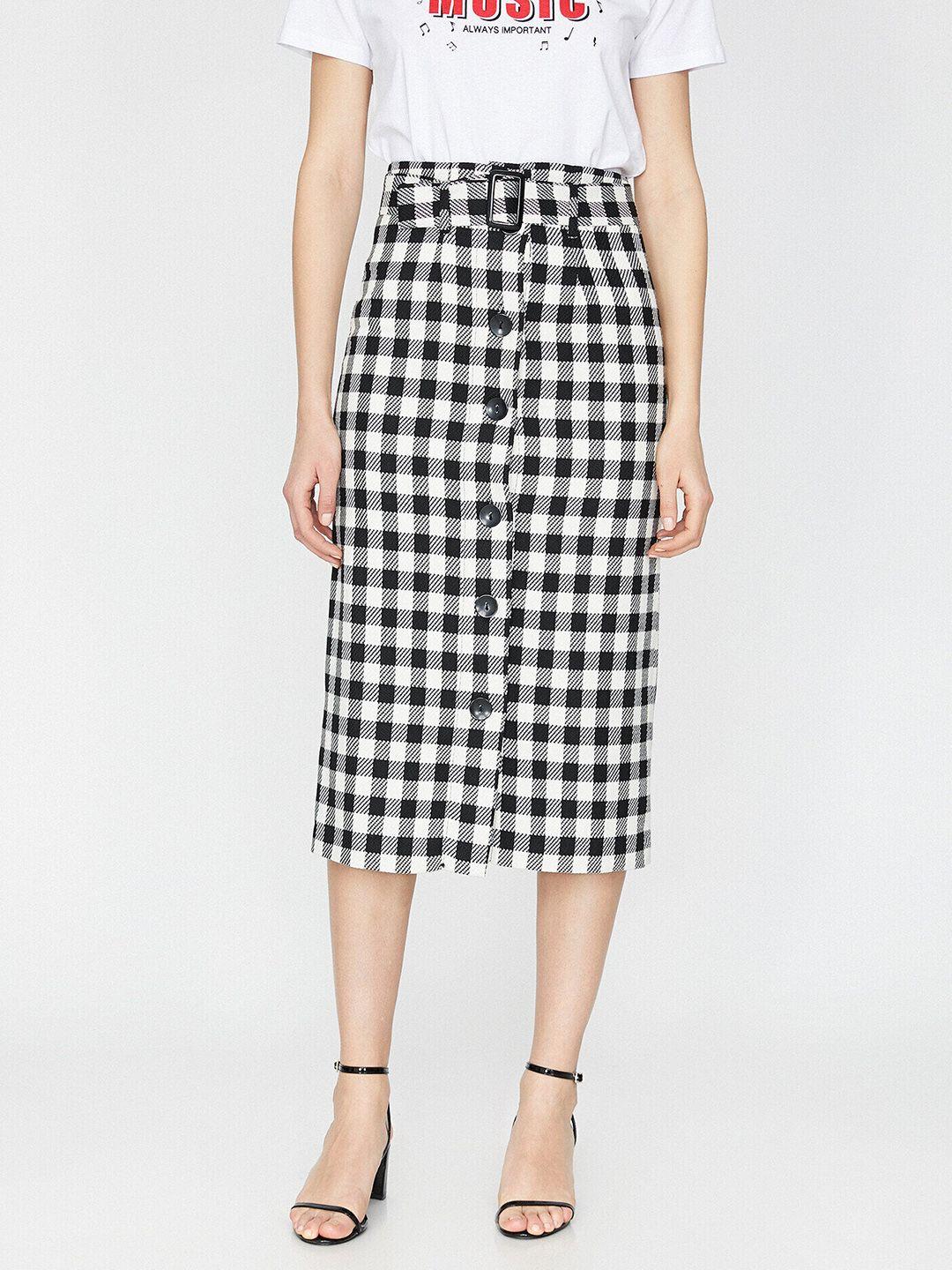 koton-women-off-white-&-black-checked-straight-midi-skirt