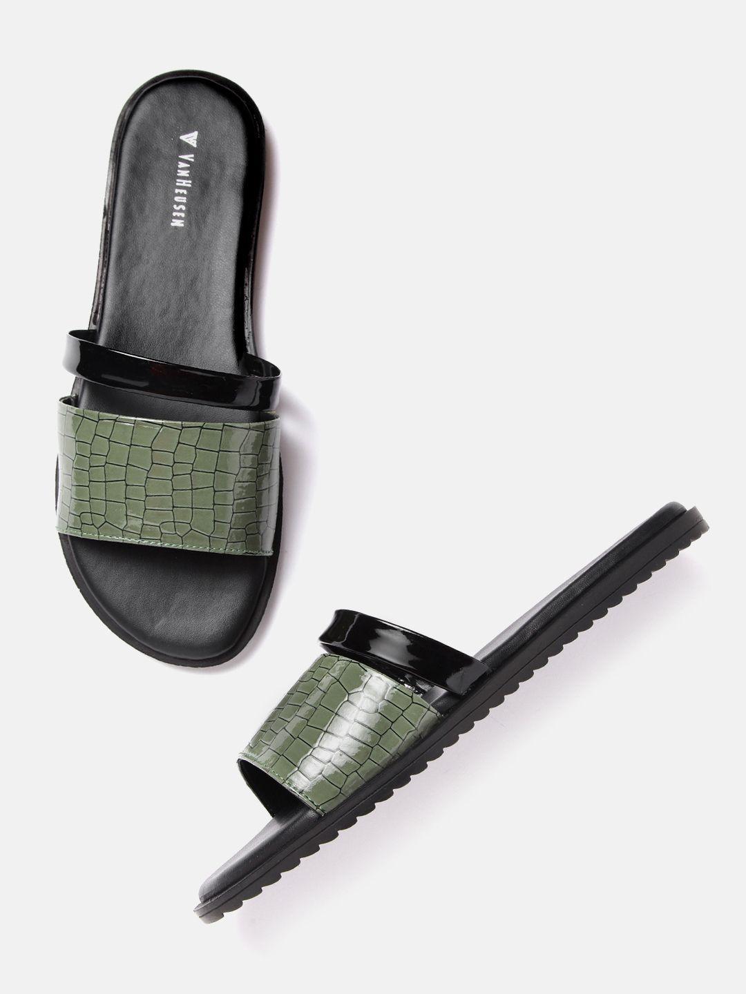 van-heusen-woman-green-&-black-croc-textured-open-toe-flats