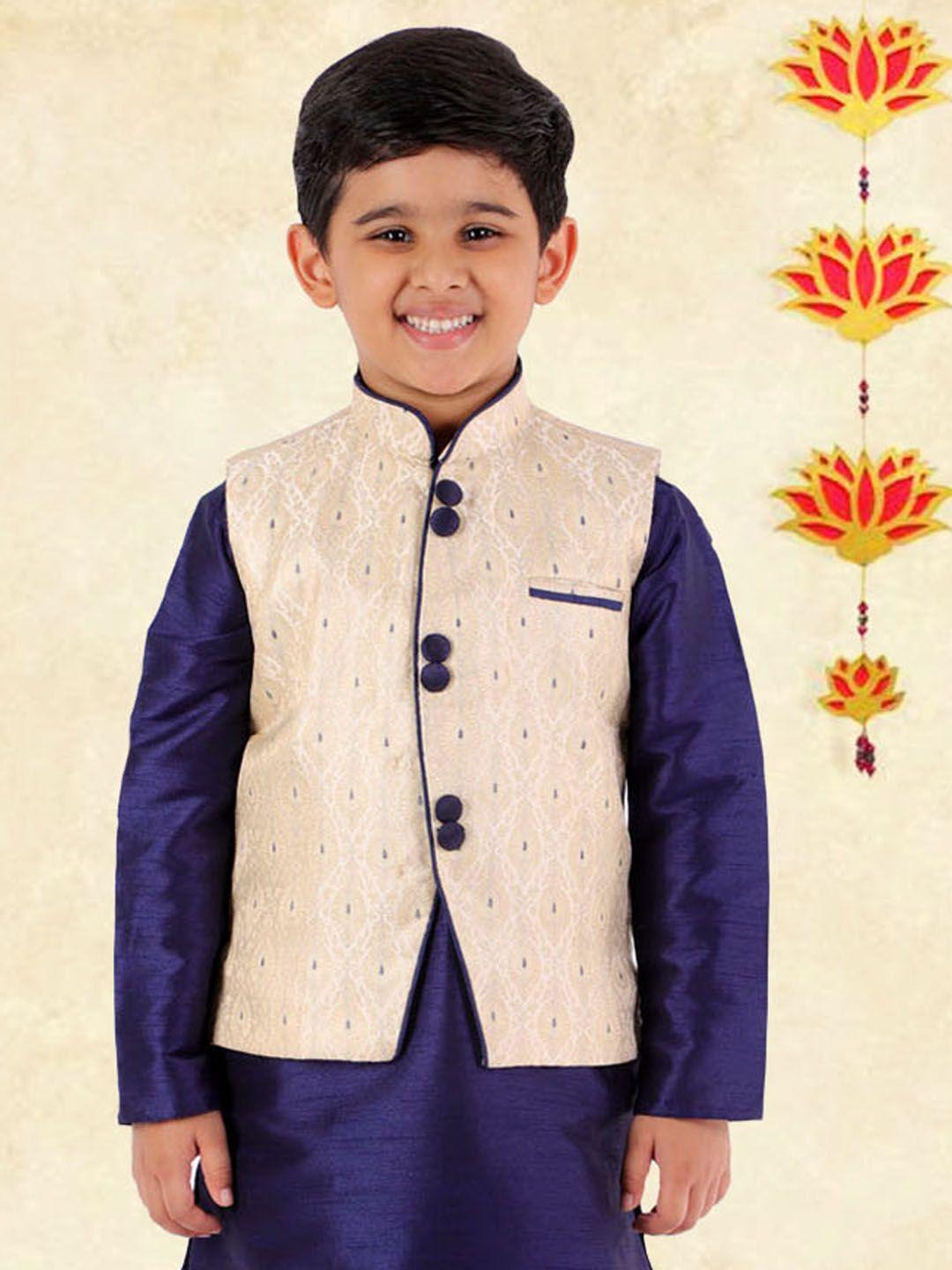 yk-boys-navy-blue-&-beige-ethnic-motif-woven-design-nehru-jacket