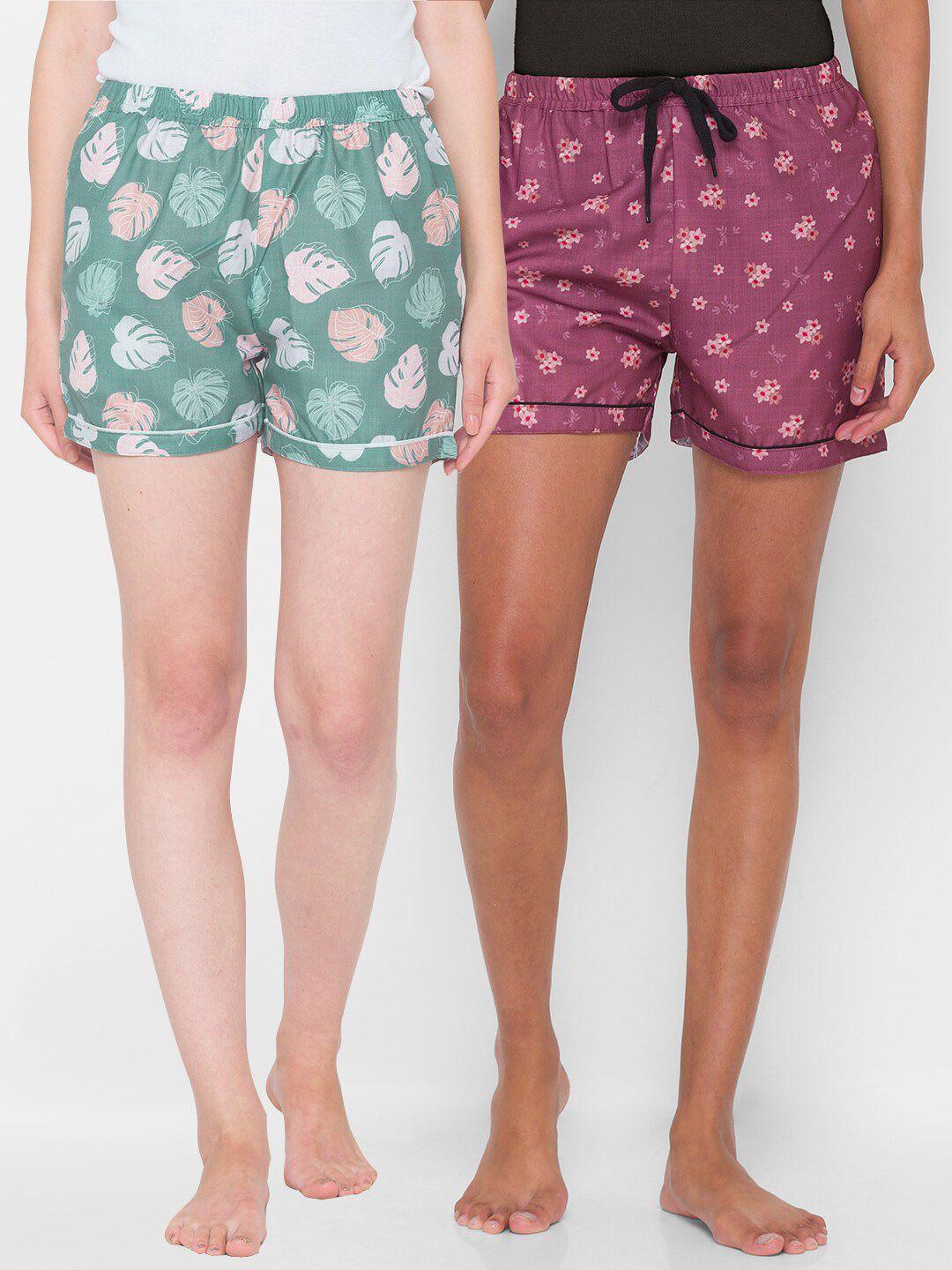 fashionrack-women-green-&-purple-set-of-2-printed-lounge-shorts
