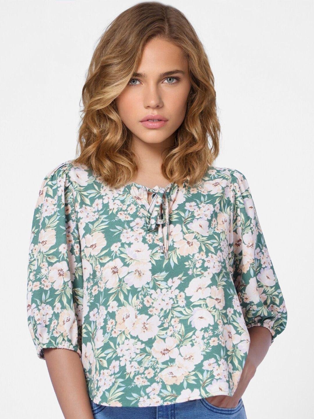 only-green-&-white-floral-print-tie-up-neck-blouson-top