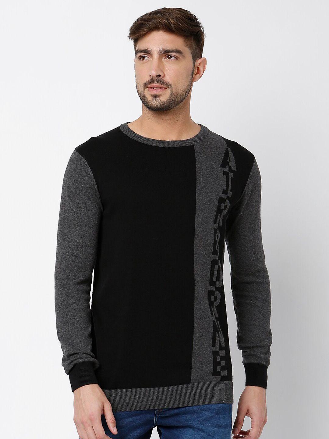 mufti-men-black-&-grey-melange-pure-cotton-pullover